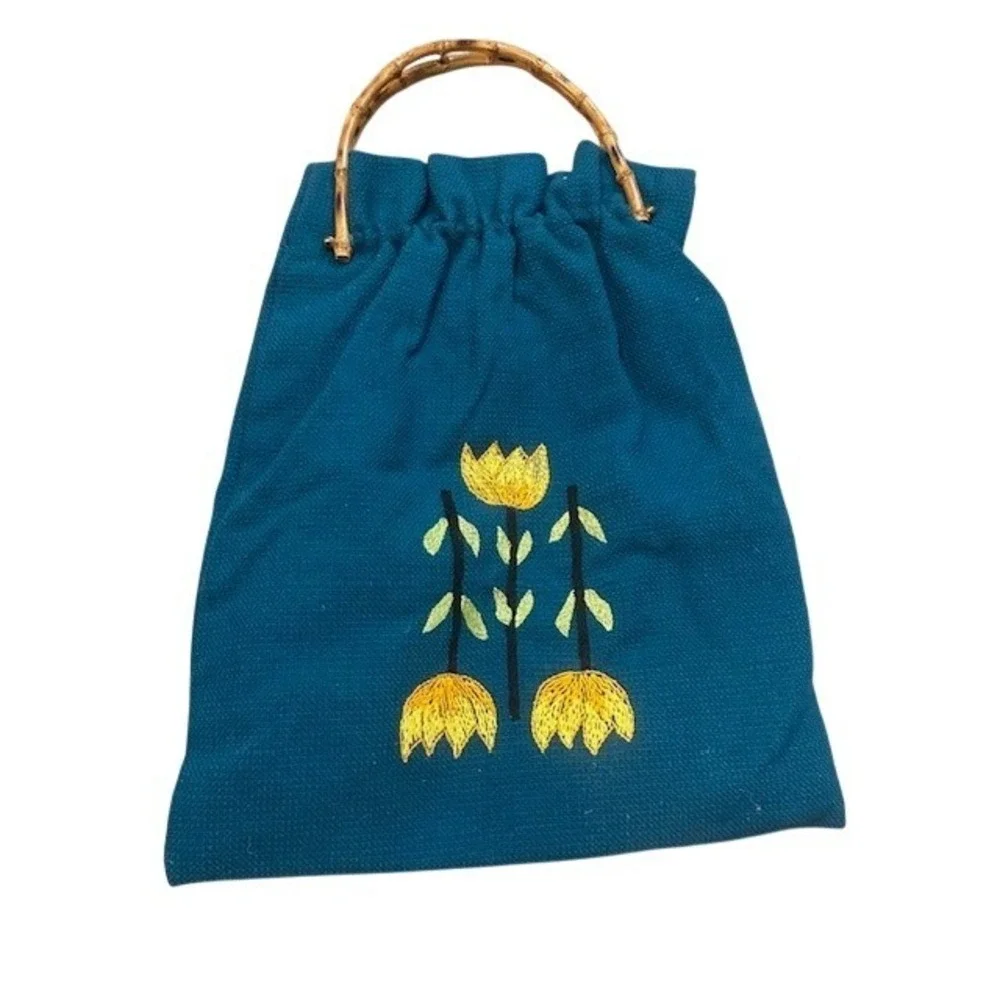 Vintage Unique Teal Embroidered Tote Bag Bamboo Handles Boho Style‎ - Picture 9 of 9